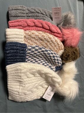 Cozy Pom Beanie Bundle - White, Navy, Pink, Gray, Tan